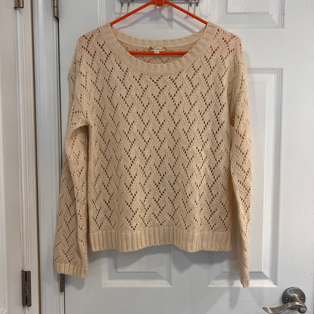 Hem & Thread Cream Pointelle‎ Open Knit Diamond Sweater Small Womens Ivory Boho